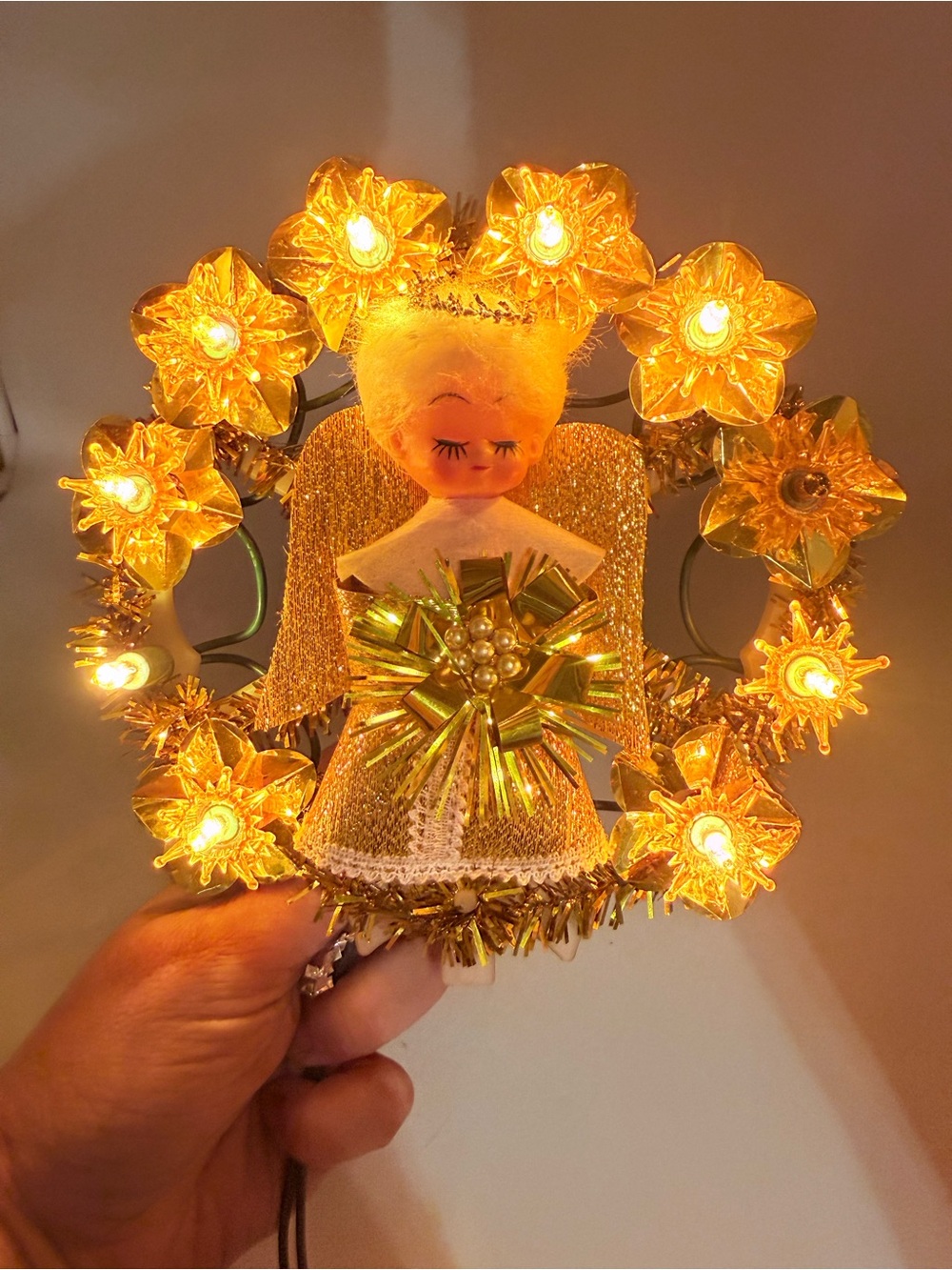 Vintage Gold Angel Tree Topper with Lighted Flower Halo